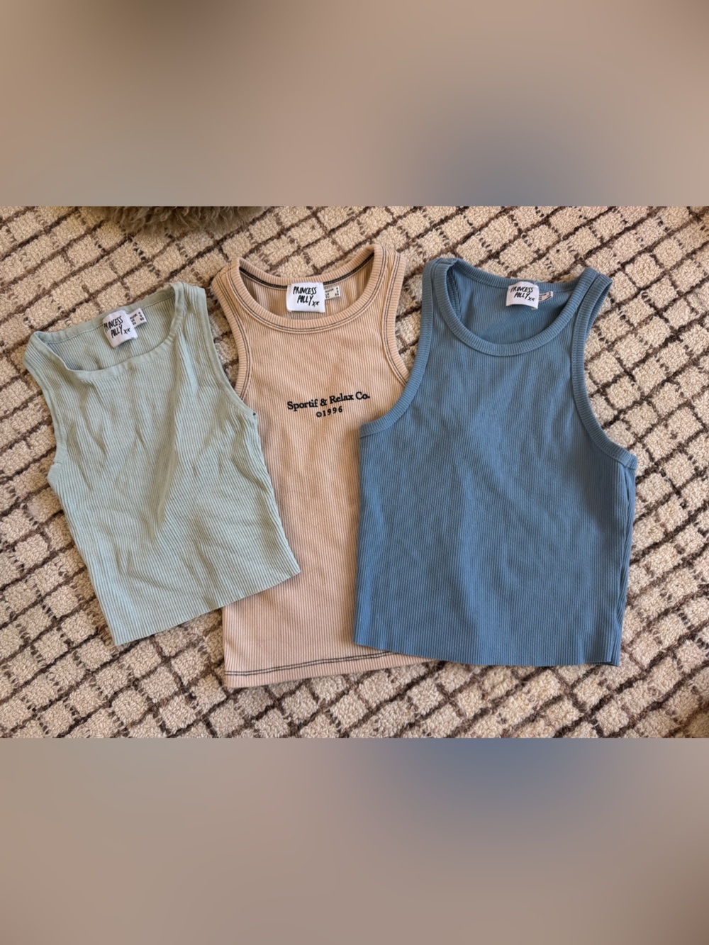 Princess Polly 3-Pack Ribbed Tank Tops - Blue, Beige, Sage